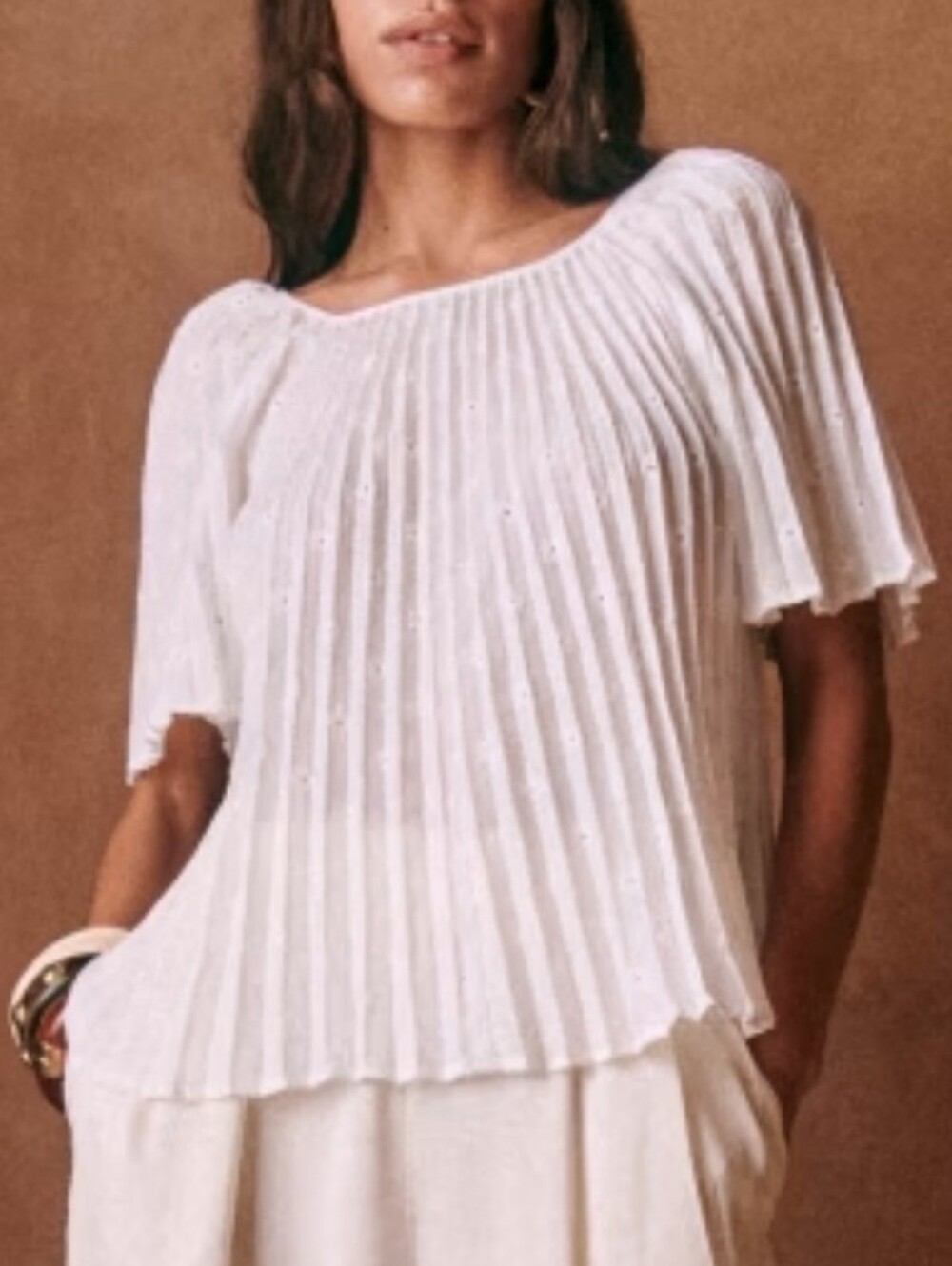 Sezane Romy White Eyelet Embroidered Pleated Blouse